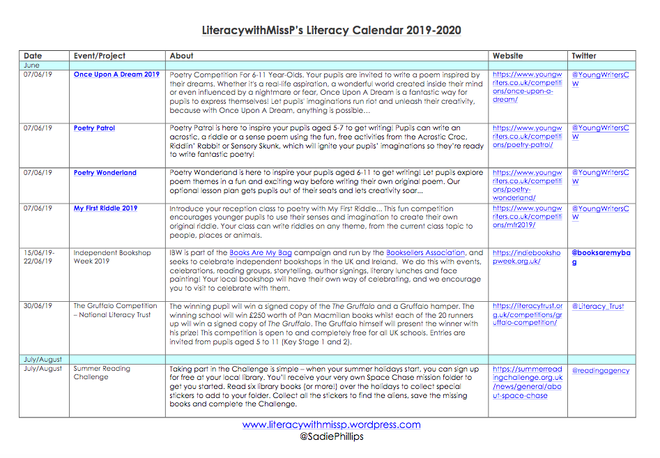 LIteracy with Miss P's Literacy Calendar 2019-2020